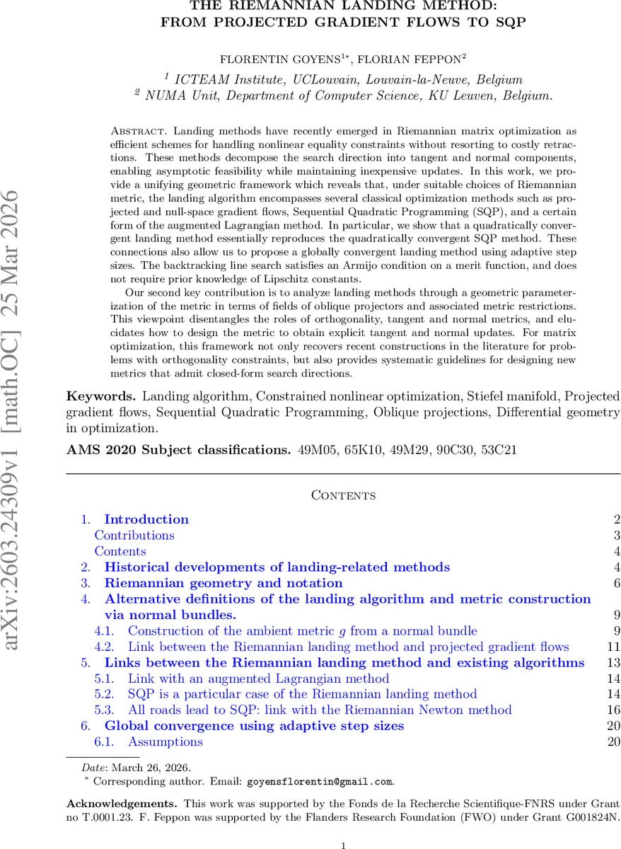 The Riemannian Landing Method: From projected gradient flows to SQP