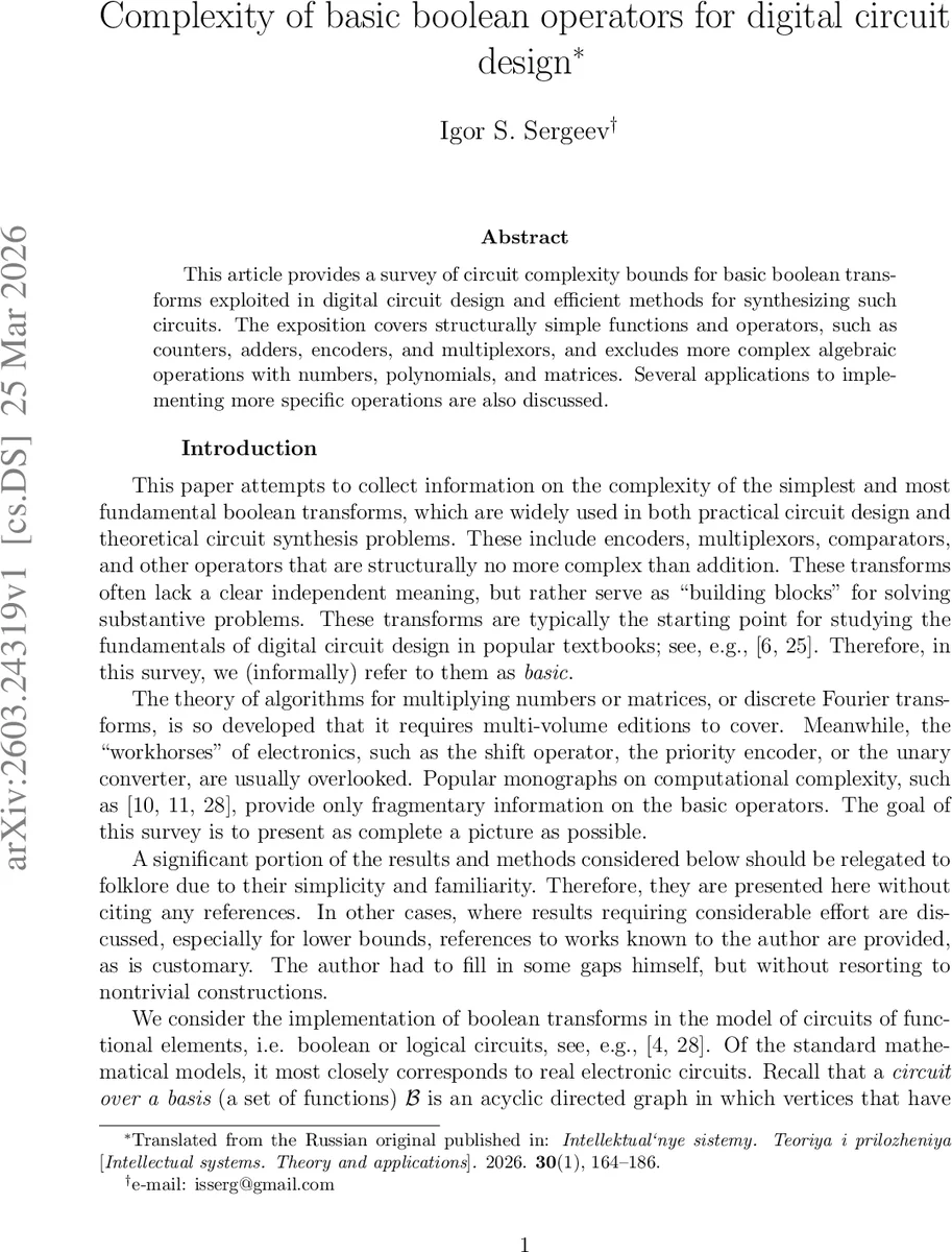 Complexity of basic boolean operators for digital circuit design