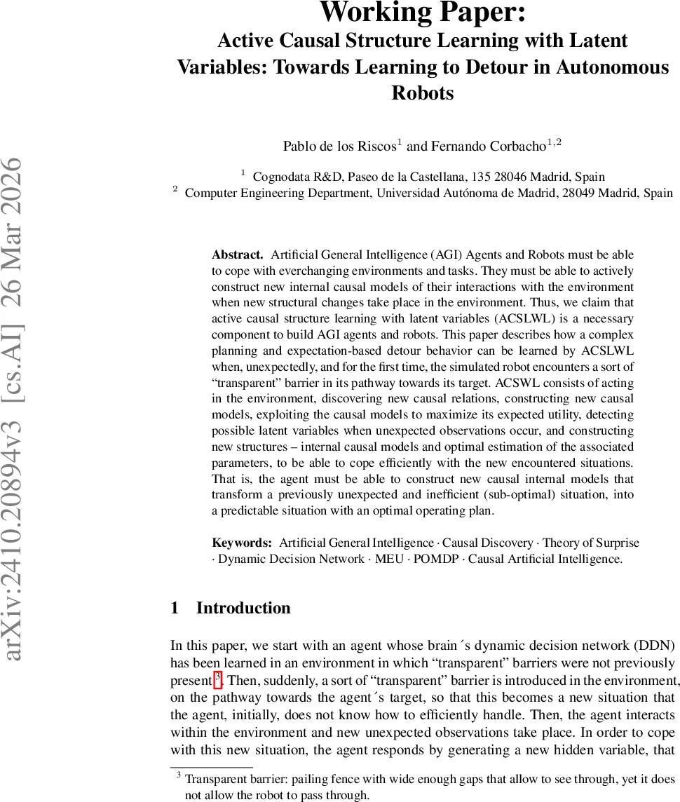 Working Paper: Active Causal Structure Learning with Latent Variables: Towards Learning to Detour in Autonomous Robots