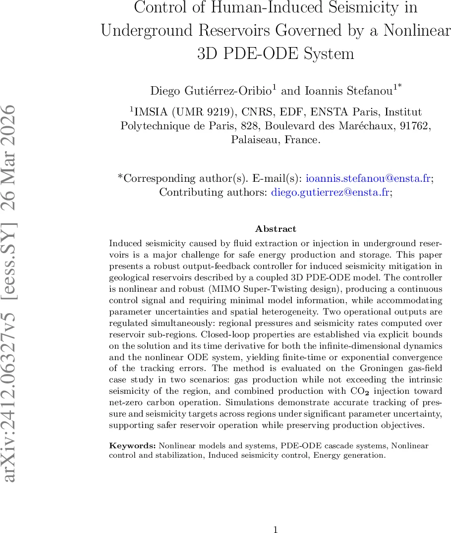 Control of Human-Induced Seismicity in Underground Reservoirs Governed by a Nonlinear 3D PDE-ODE System
