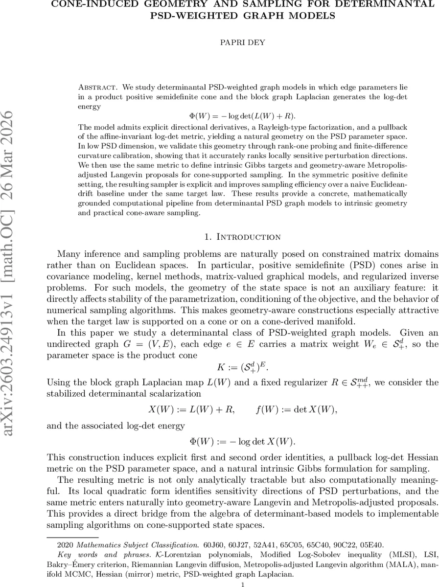Cone-Induced Geometry and Sampling for Determinantal PSD-Weighted Graph Models