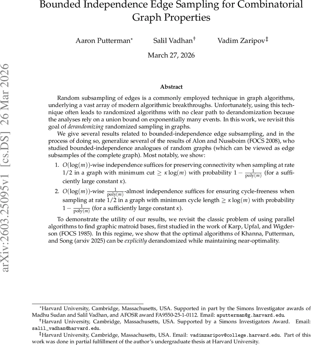 Bounded Independence Edge Sampling for Combinatorial Graph Properties
