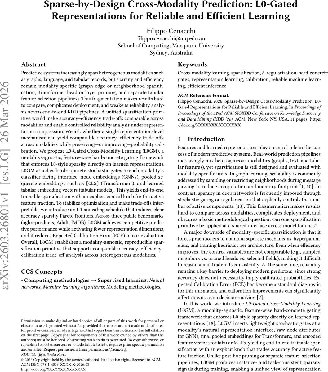 Sparse-by-Design Cross-Modality Prediction: L0-Gated Representations for Reliable and Efficient Learning