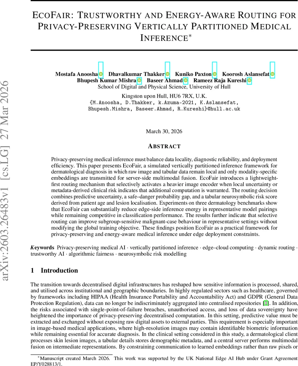 EcoFair: Trustworthy and Energy-Aware Routing for Privacy-Preserving Vertically Partitioned Medical Inference