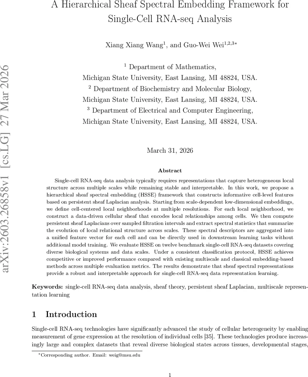 A Hierarchical Sheaf Spectral Embedding Framework for Single-Cell RNA-seq Analysis