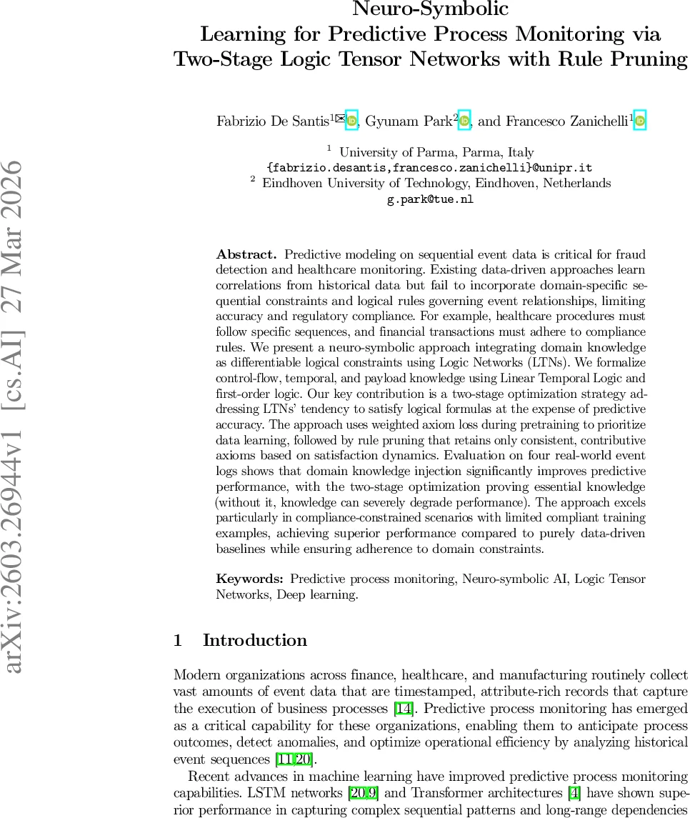 Neuro-Symbolic Learning for Predictive Process Monitoring via Two-Stage Logic Tensor Networks with Rule Pruning