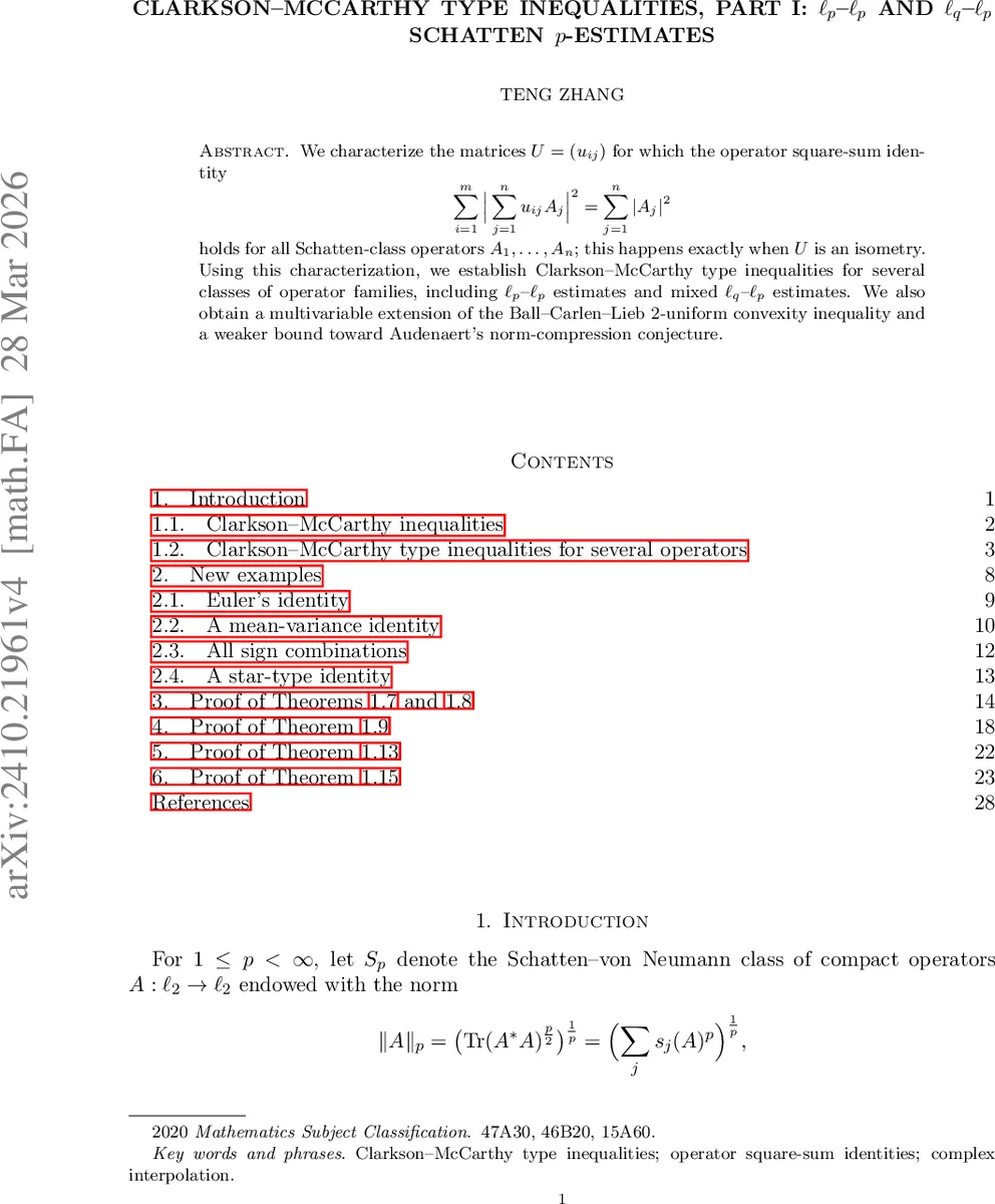 Clarkson--McCarthy type inequalities, part I: $ll_p$--$ll_p$ and $ll_q$--$ll_p$ Schatten $p$-estimates