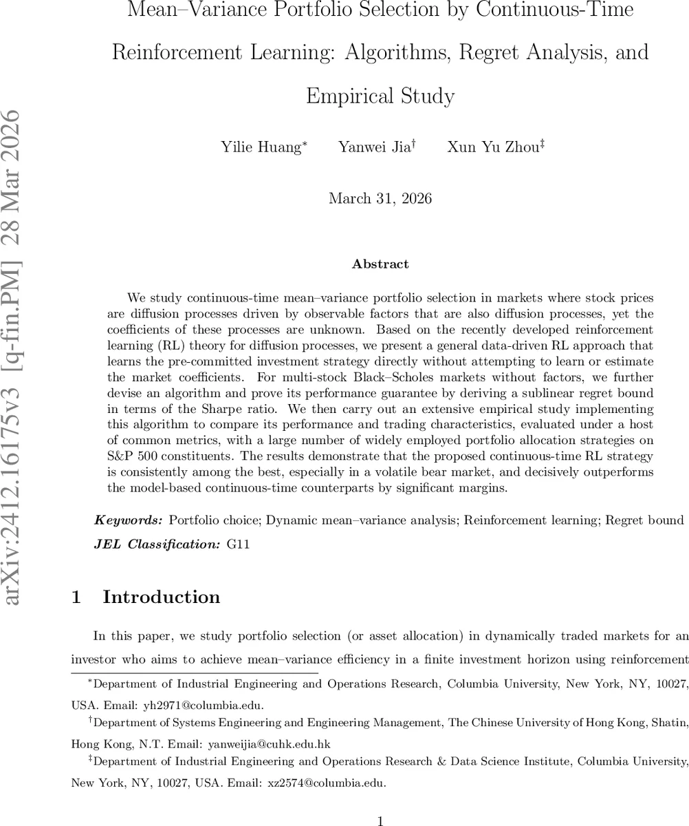 Mean--Variance Portfolio Selection by Continuous-Time Reinforcement Learning: Algorithms, Regret Analysis, and Empirical Study