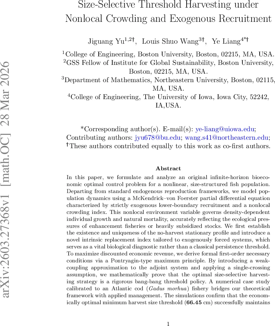 Size-Selective Threshold Harvesting under Nonlocal Crowding and Exogenous Recruitment