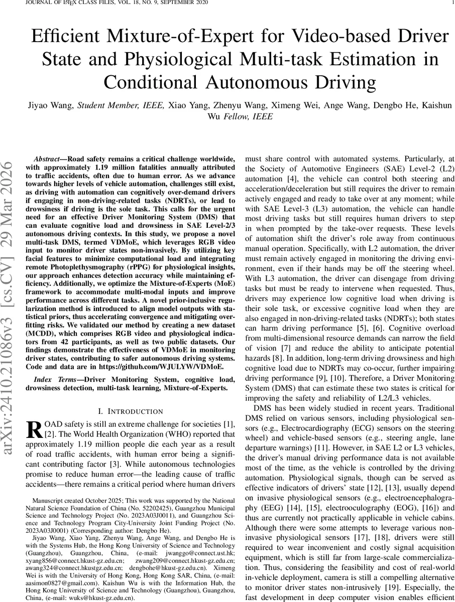 Efficient Mixture-of-Expert for Video-based Driver State and Physiological Multi-task Estimation in Conditional Autonomous Driving