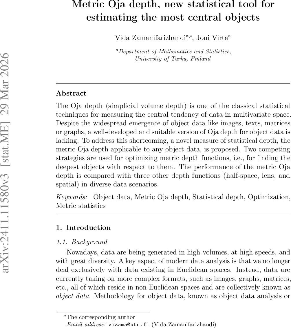 Metric Oja Depth, New Statistical Tool for Estimating the Most Central Objects