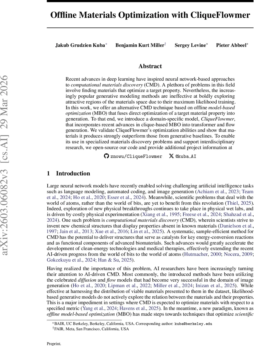 Offline Materials Optimization with CliqueFlowmer