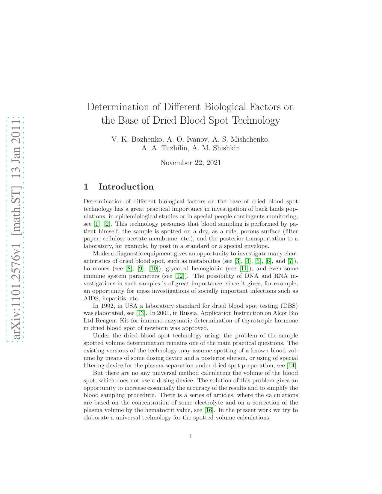 Determination of Different Biological Factors on the Base of Dried Blood   Spot Technology
