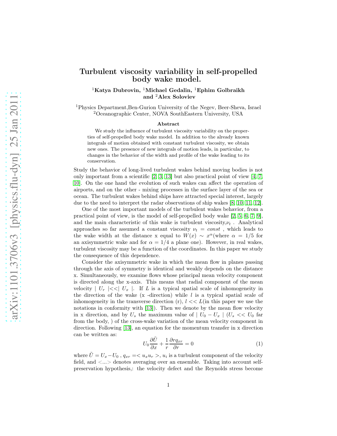 Turbulent viscosity variability in self-propelled body wake model