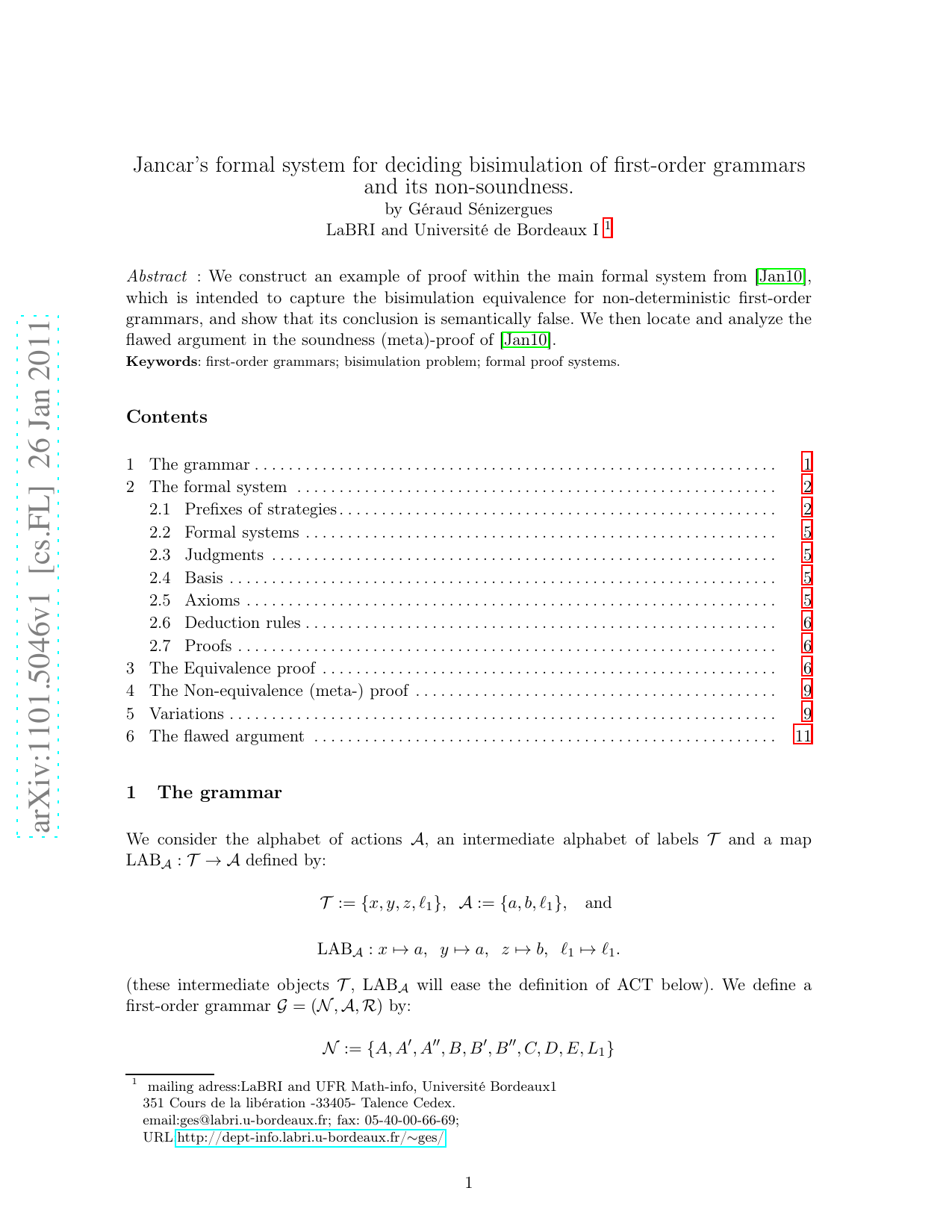 Jancars formal system for deciding bisimulation of first-order grammars   and its non-soundness