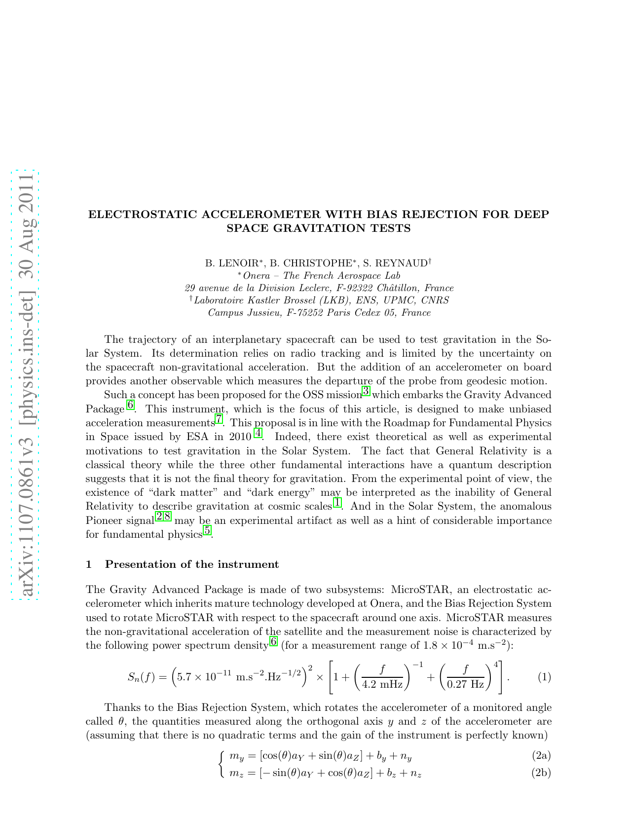 Electrostatic accelerometer with bias rejection for deep space   gravitation tests