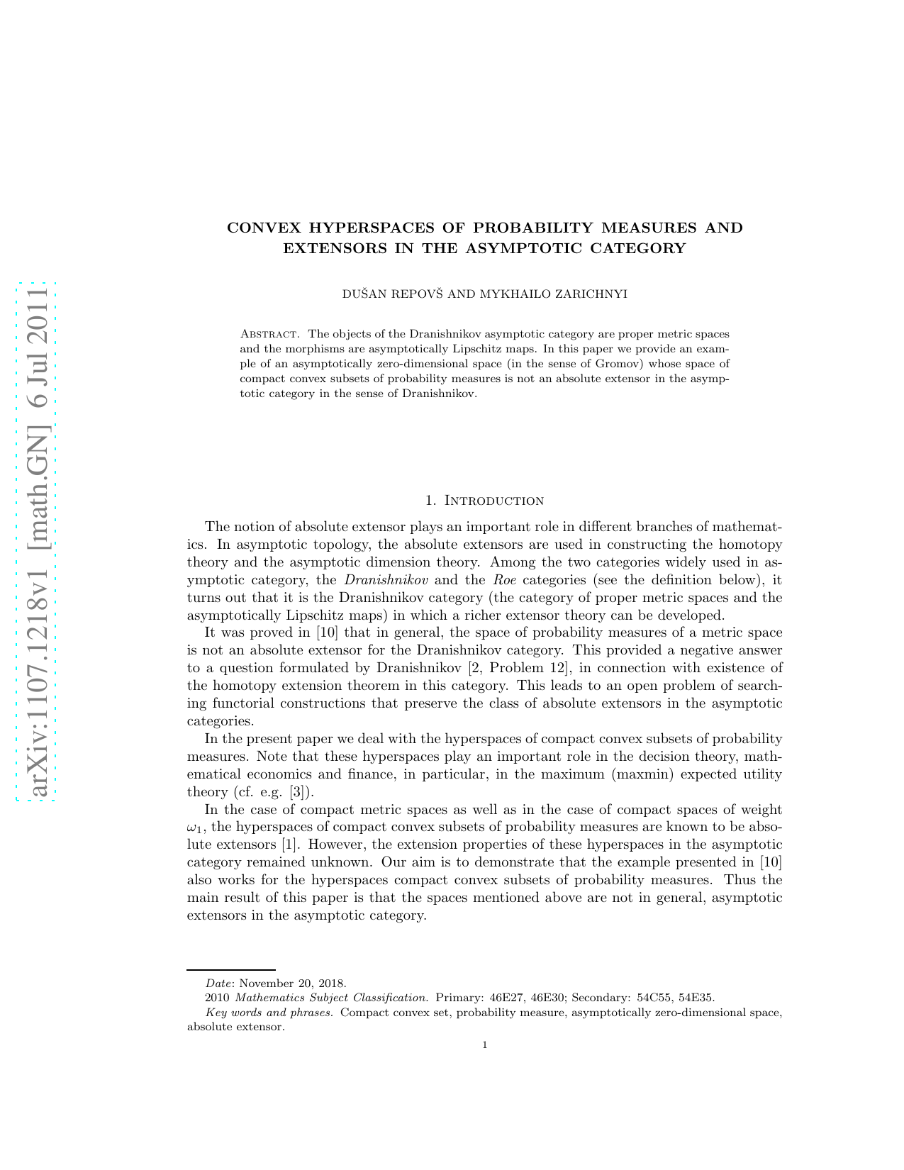 Convex hyperspaces of probability measures and extensors in the   asymptotic category