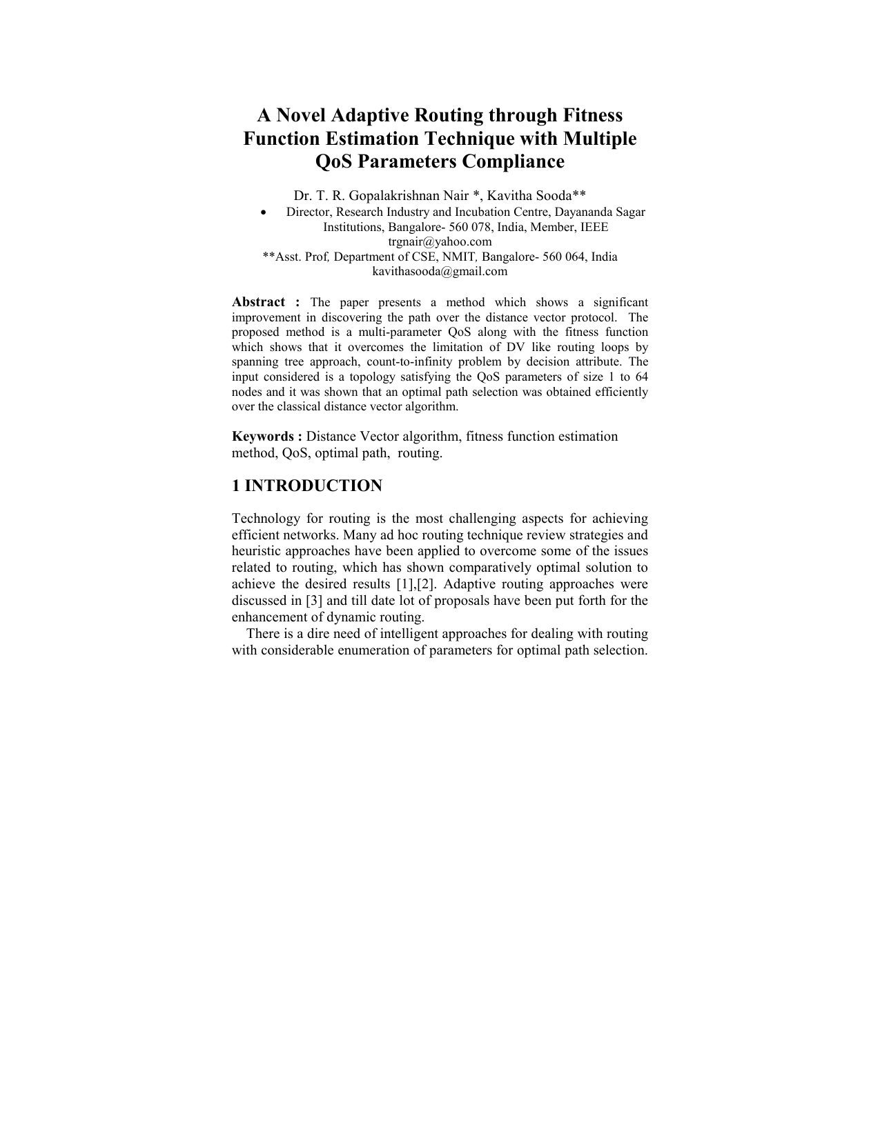 A Novel Adaptive Routing through Fitness Function Estimation Technique   with Multiple QoS Parameters Compliance
