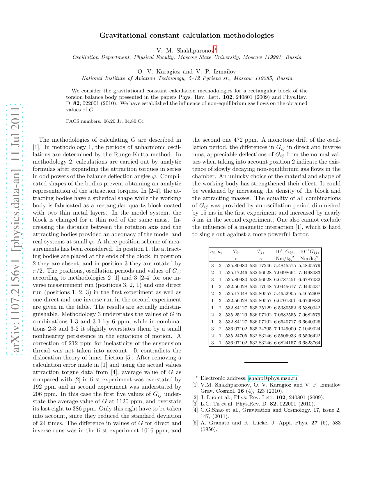 Gravitational constant calculation methodologies