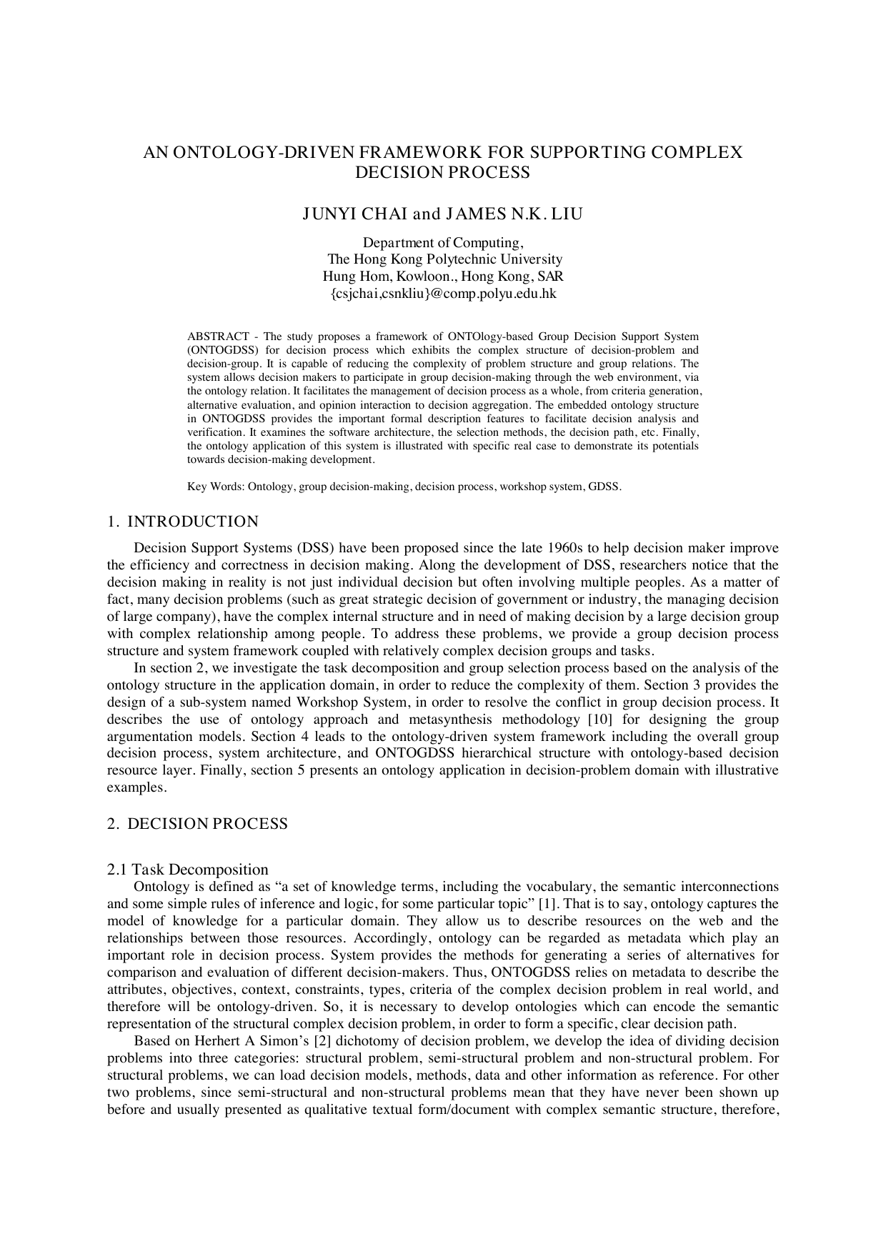An Ontology-driven Framework for Supporting Complex Decision Process