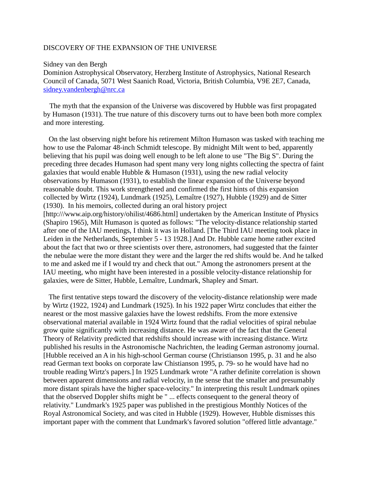 Discovery of the Expansion of the Universe