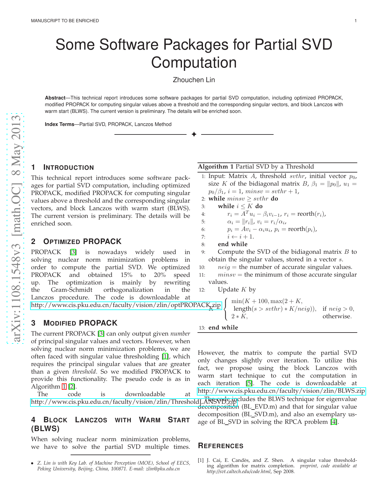 Some Software Packages for Partial SVD Computation