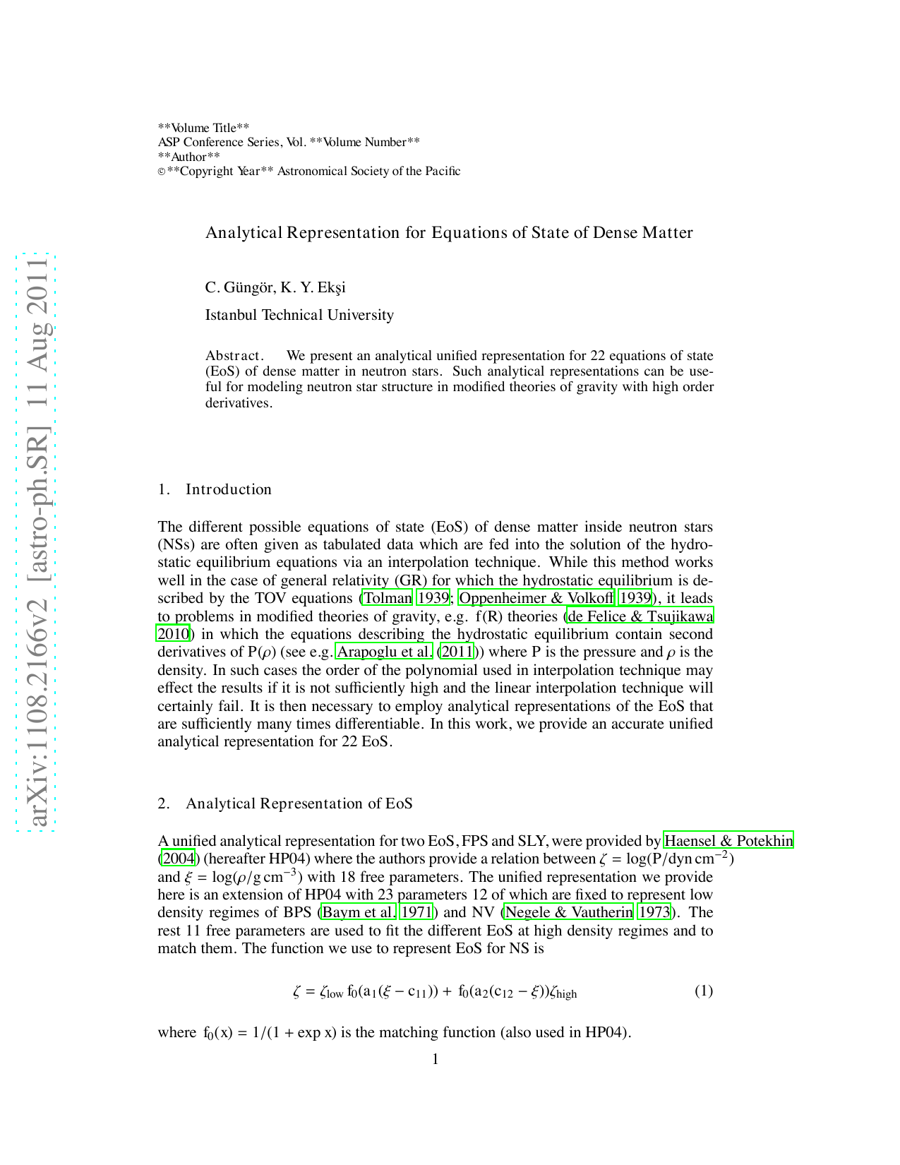 Analytical Representation for Equations of State of Dense Matter