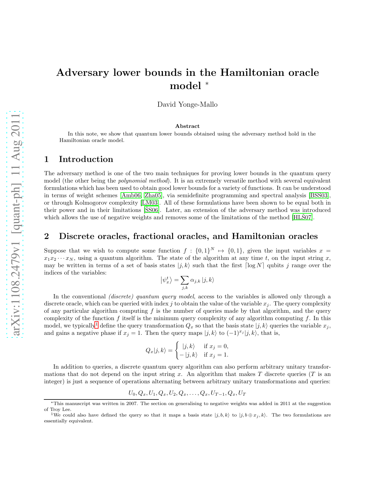 Adversary lower bounds in the Hamiltonian oracle model