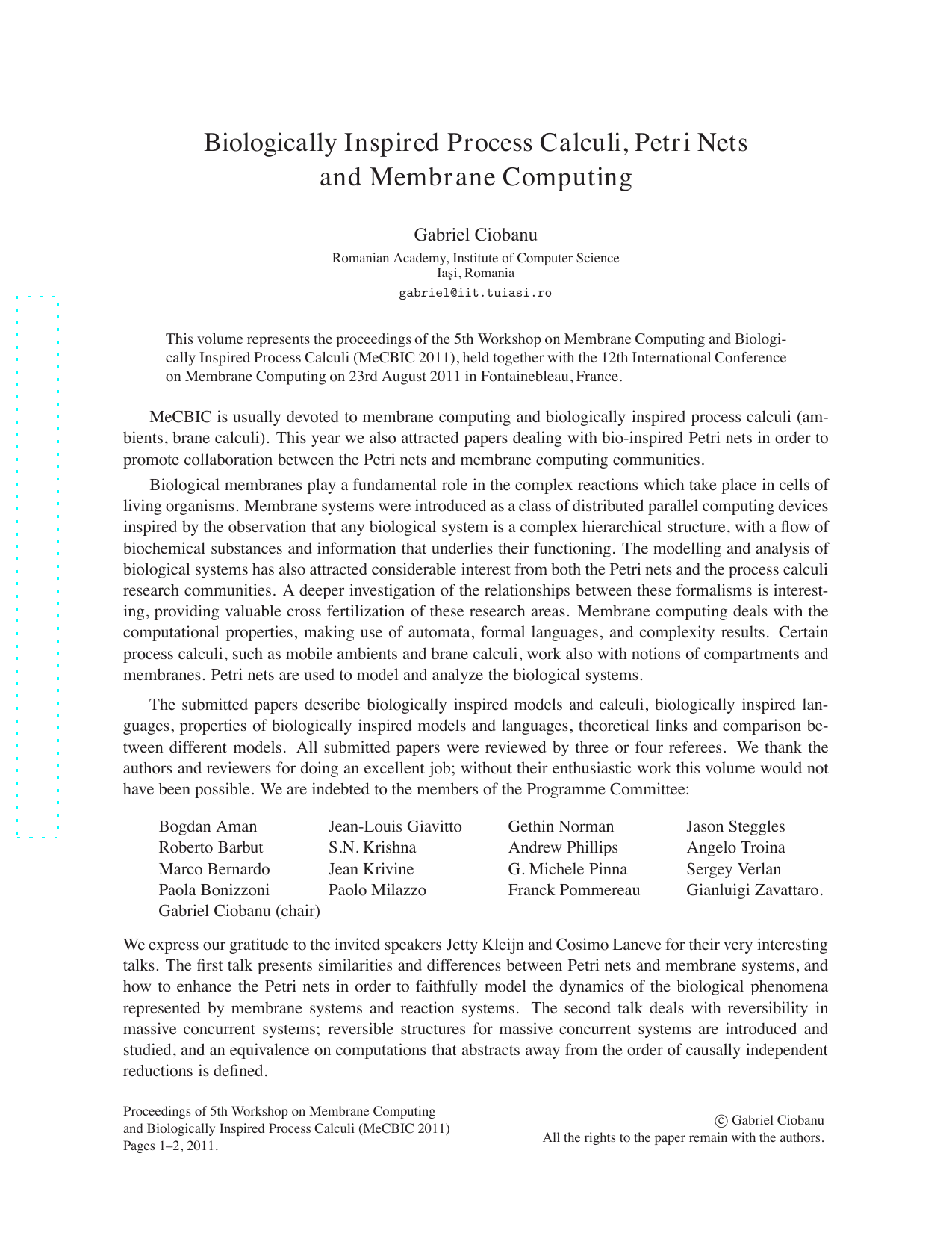 Biologically Inspired Process Calculi, Petri Nets and Membrane Computing