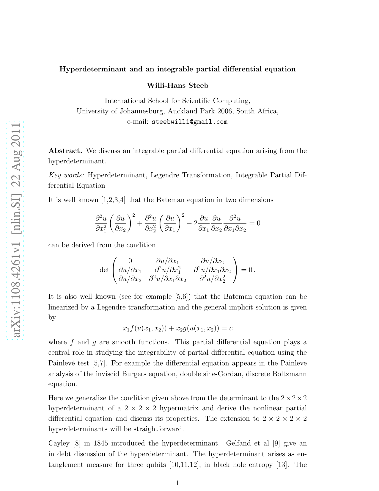 Hyperdeterminant and an integrable partial differential equation