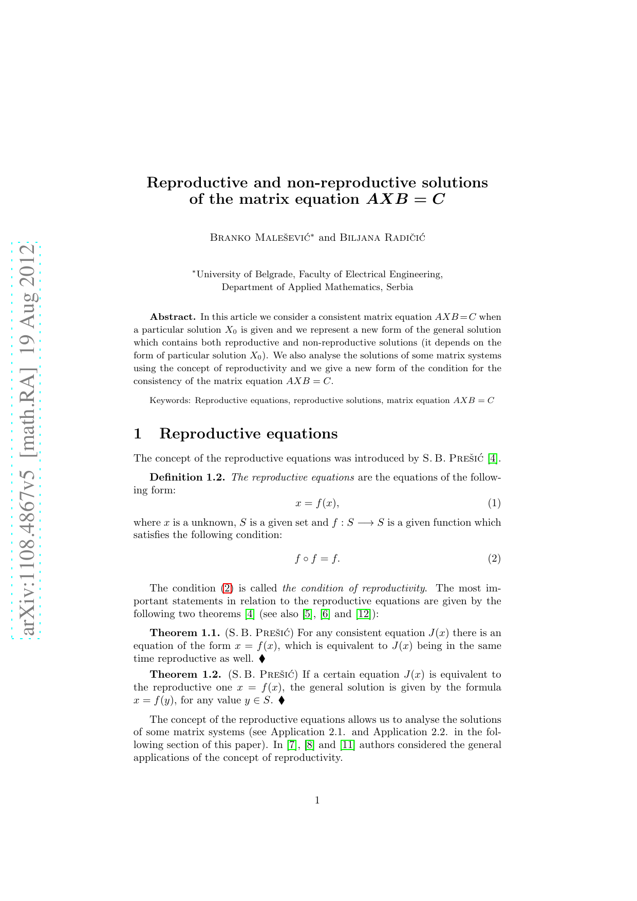 Reproductive and non-reproductive solutions of the matrix equation AXB=C