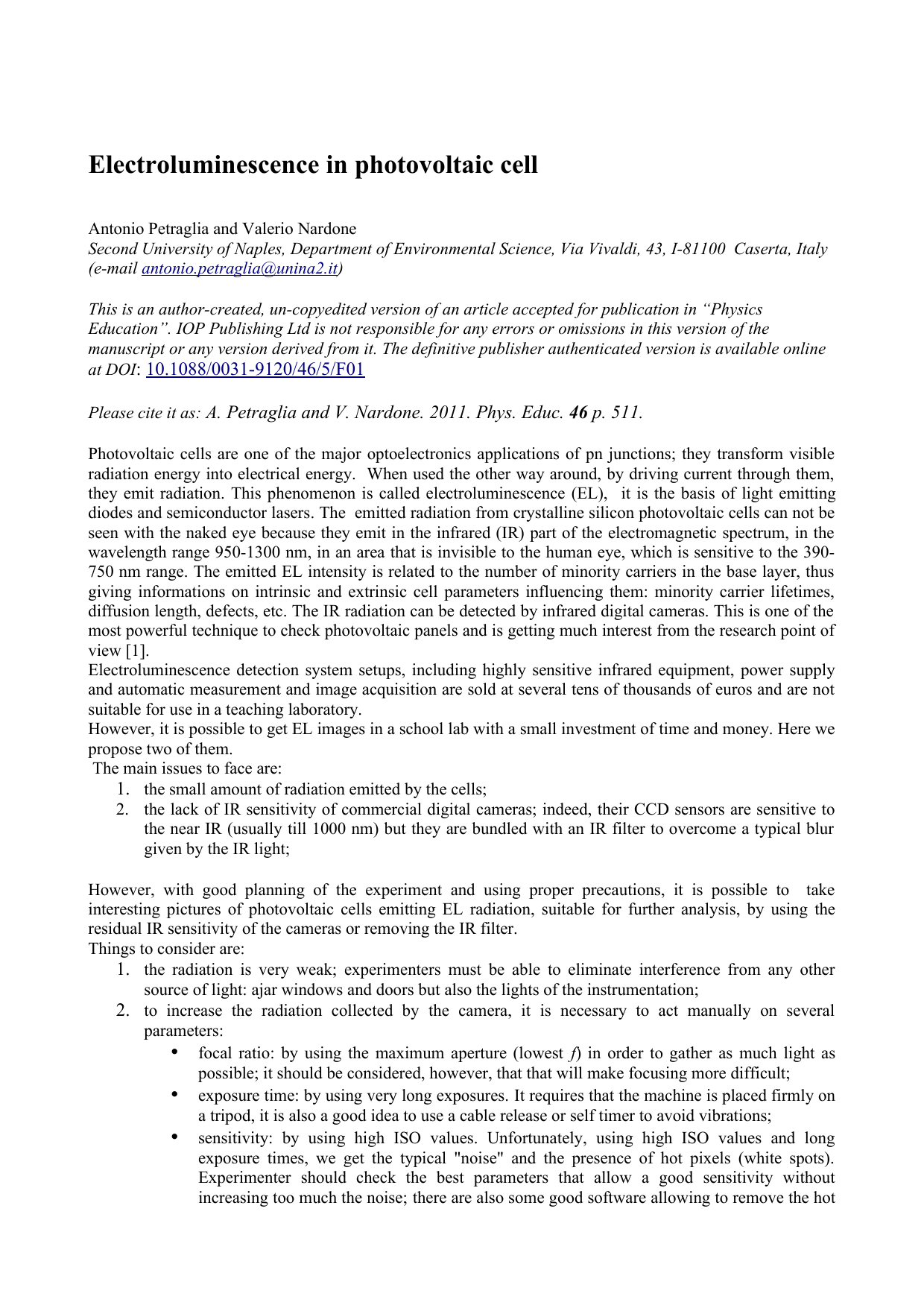 Electroluminescence in photovoltaic cell