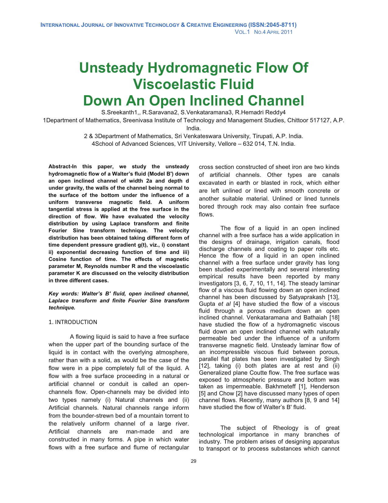 Unsteady Hydromagnetic Flow of Viscoelastic Fluid down an Open Inclined   Channel