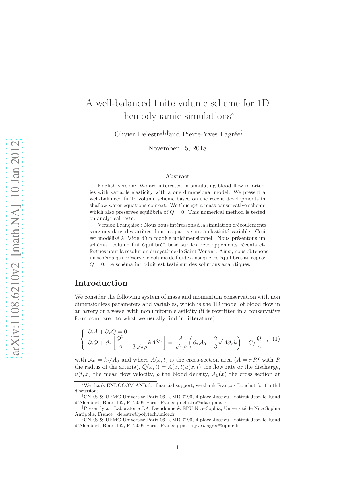A well-balanced finite volume scheme for 1D hemodynamic simulations