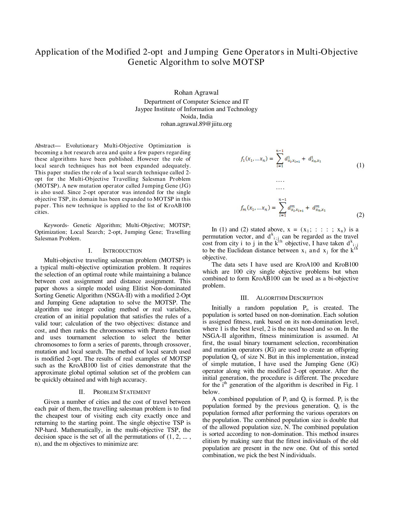 Application of the Modified 2-opt and Jumping Gene Operators in   Multi-Objective Genetic Algorithm to solve MOTSP