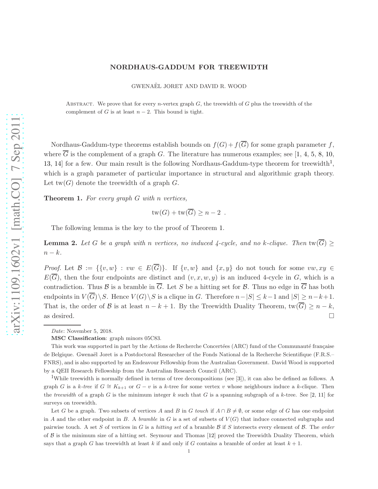 Nordhaus-Gaddum for Treewidth