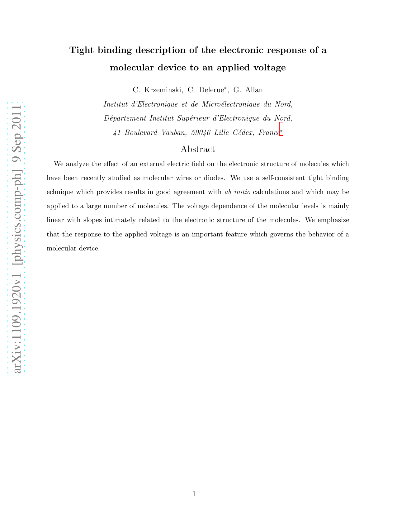 Tight binding description of the electronic response of a molecular   device to an applied voltage