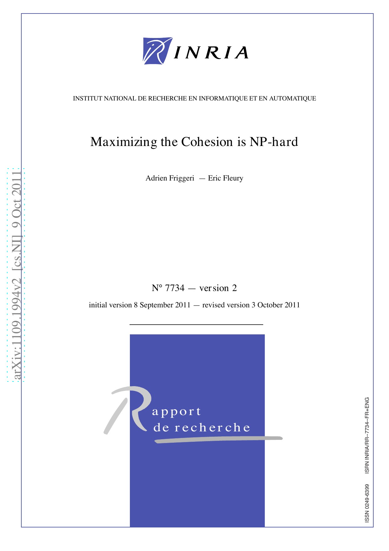 Maximizing the Cohesion is NP-hard