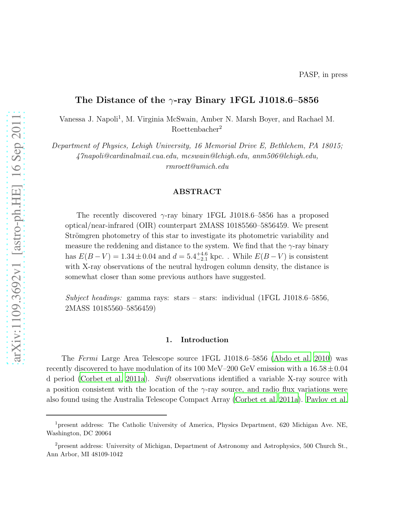 The Distance of the Gamma-ray Binary 1FGL J1018.6-5856