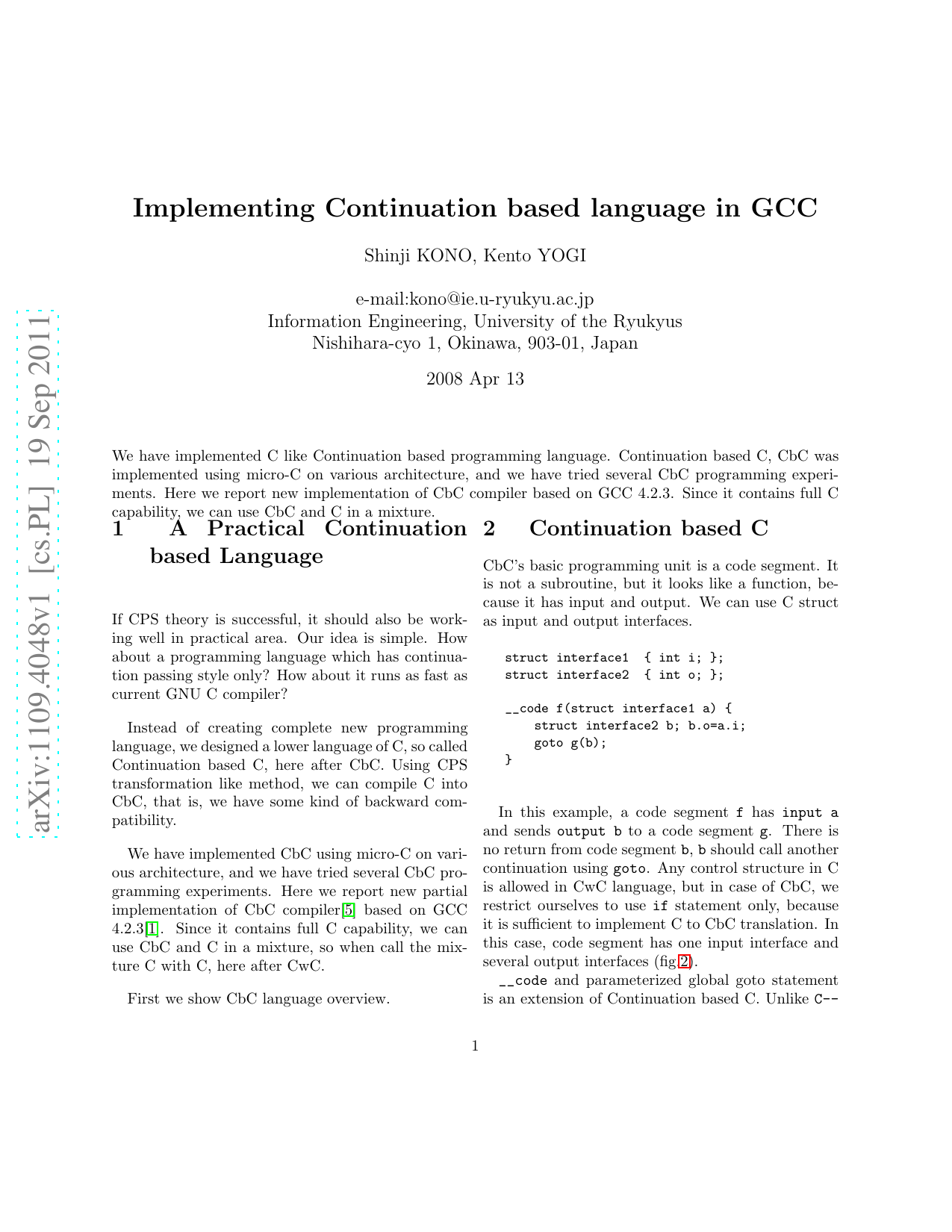 Implementing Continuation based language in GCC