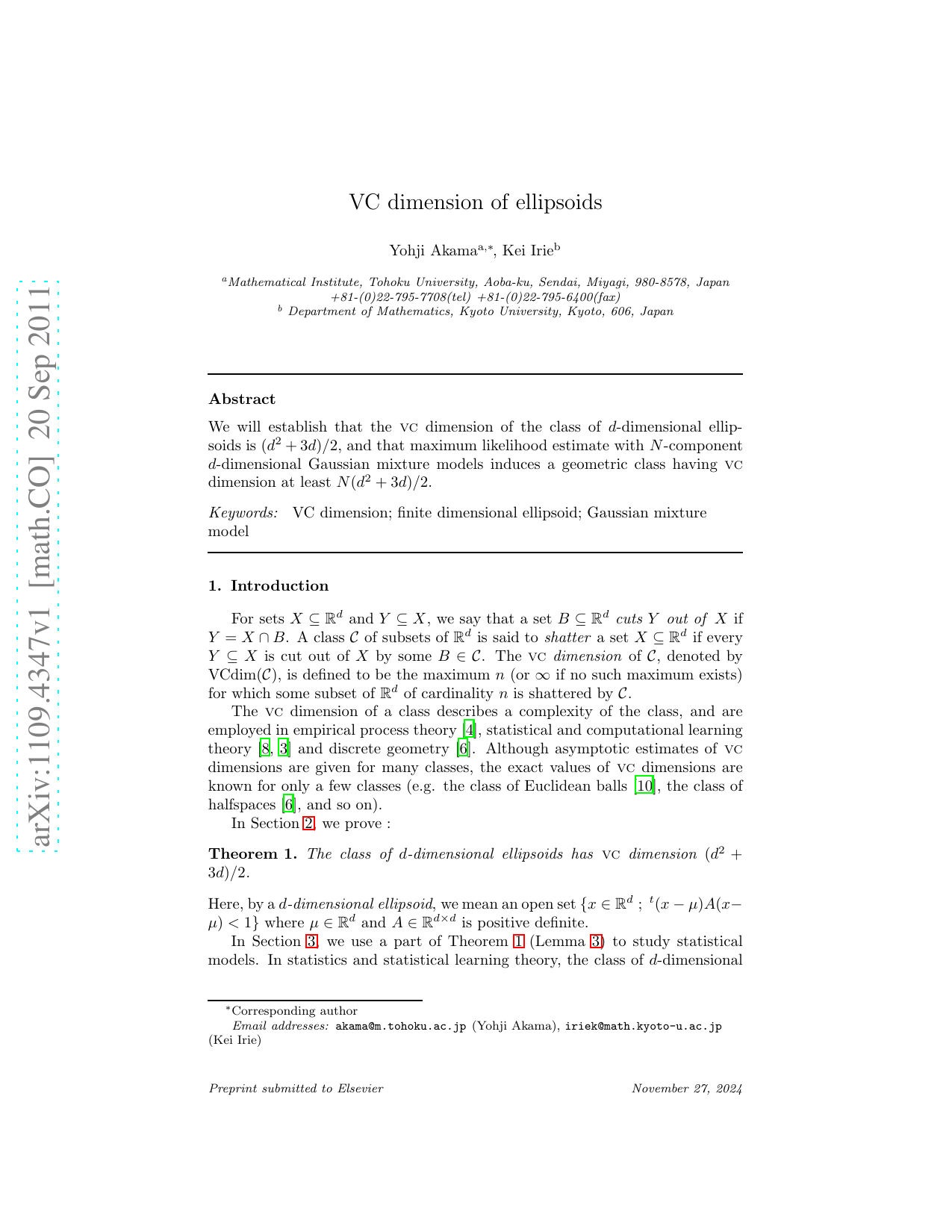 VC dimension of ellipsoids