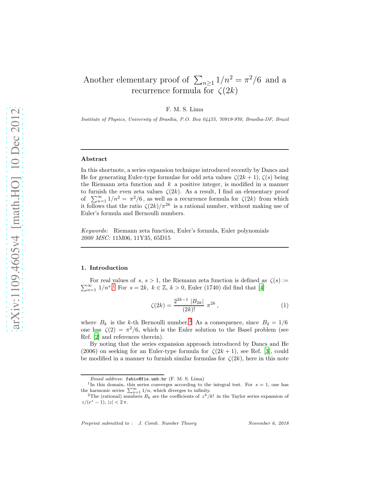 Another elementary proof of $: sum_{n ge 1}{1/{n^2}} = pi^2/6,$ and   a recurrence formula for $,zeta{(2k)}$