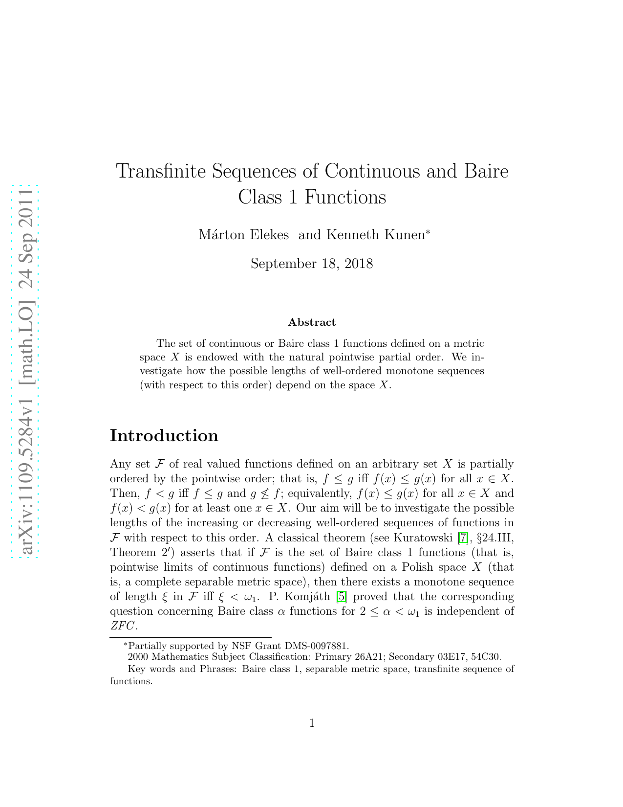 Transfinite Sequences of Continuous and Baire Class 1 Functions
