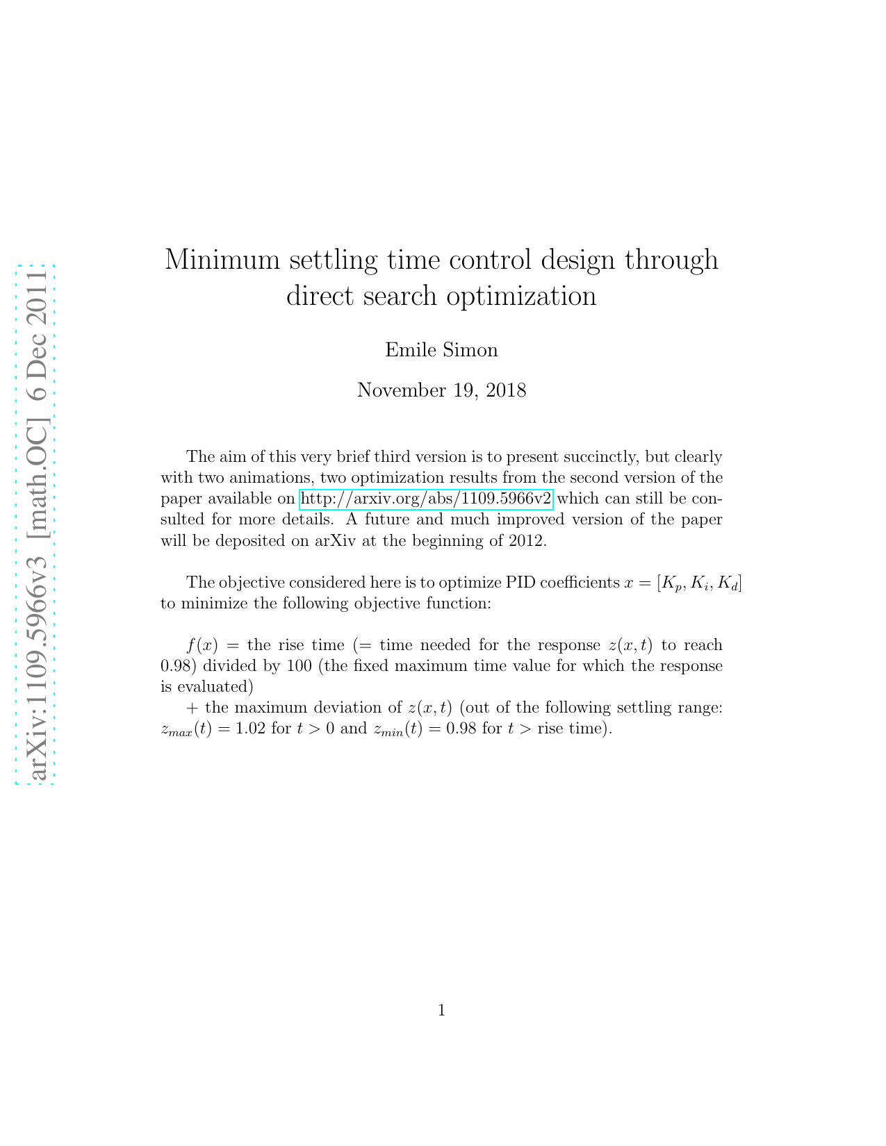 Minimum settling time control design through direct search optimization