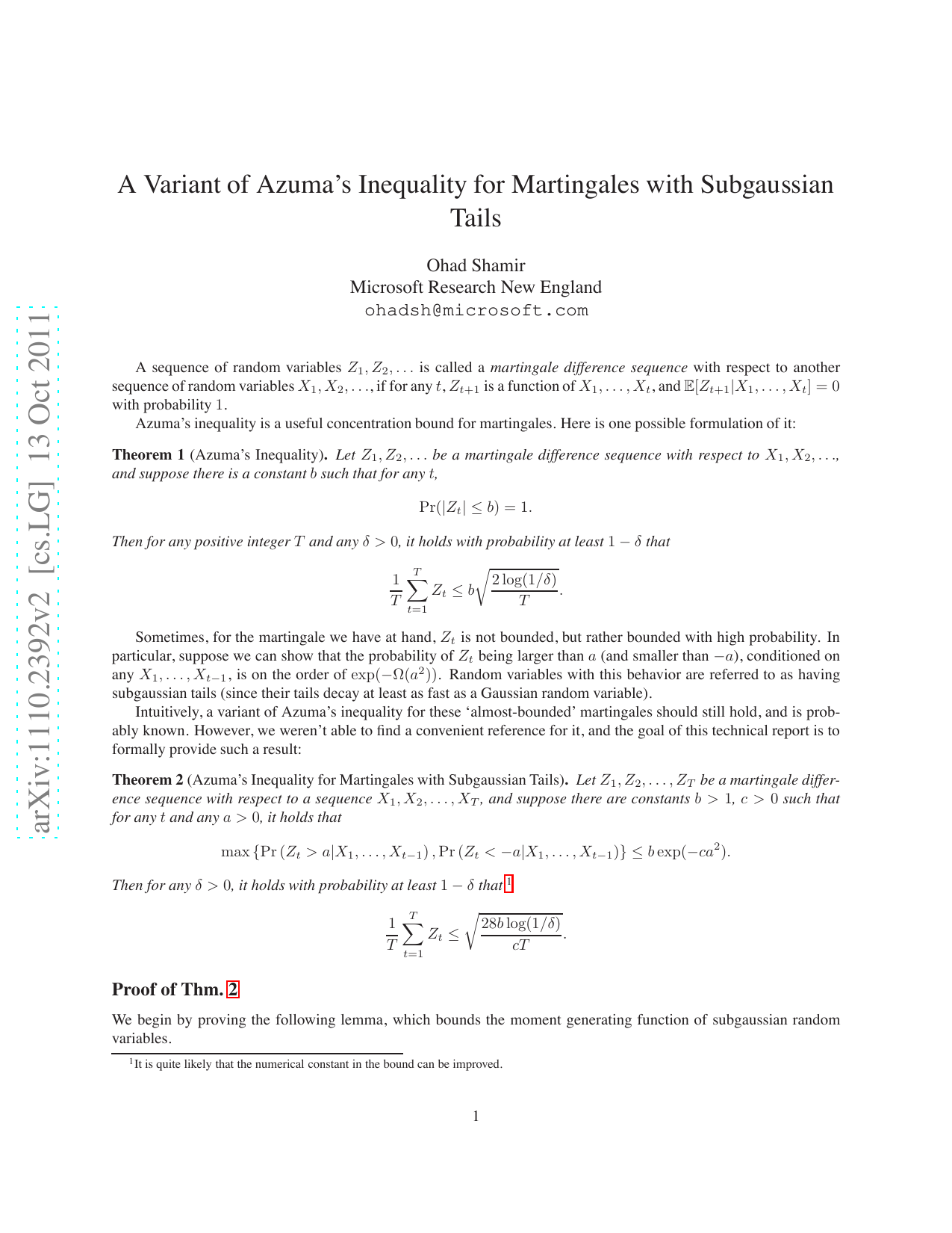 A Variant of Azumas Inequality for Martingales with Subgaussian Tails