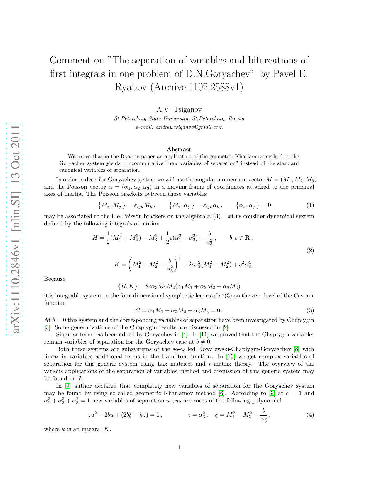 Comment on 'The separation of variables and bifurcations of first   integrals in one problem of D.N.Goryachev' by Pavel E. Ryabov   (Archive:1102.2588v1)