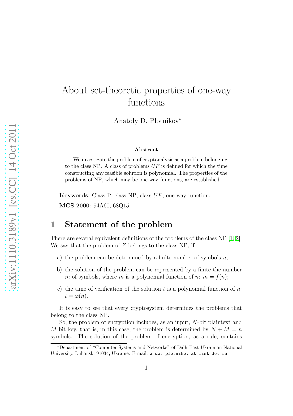 About set-theoretic properties of one-way functions