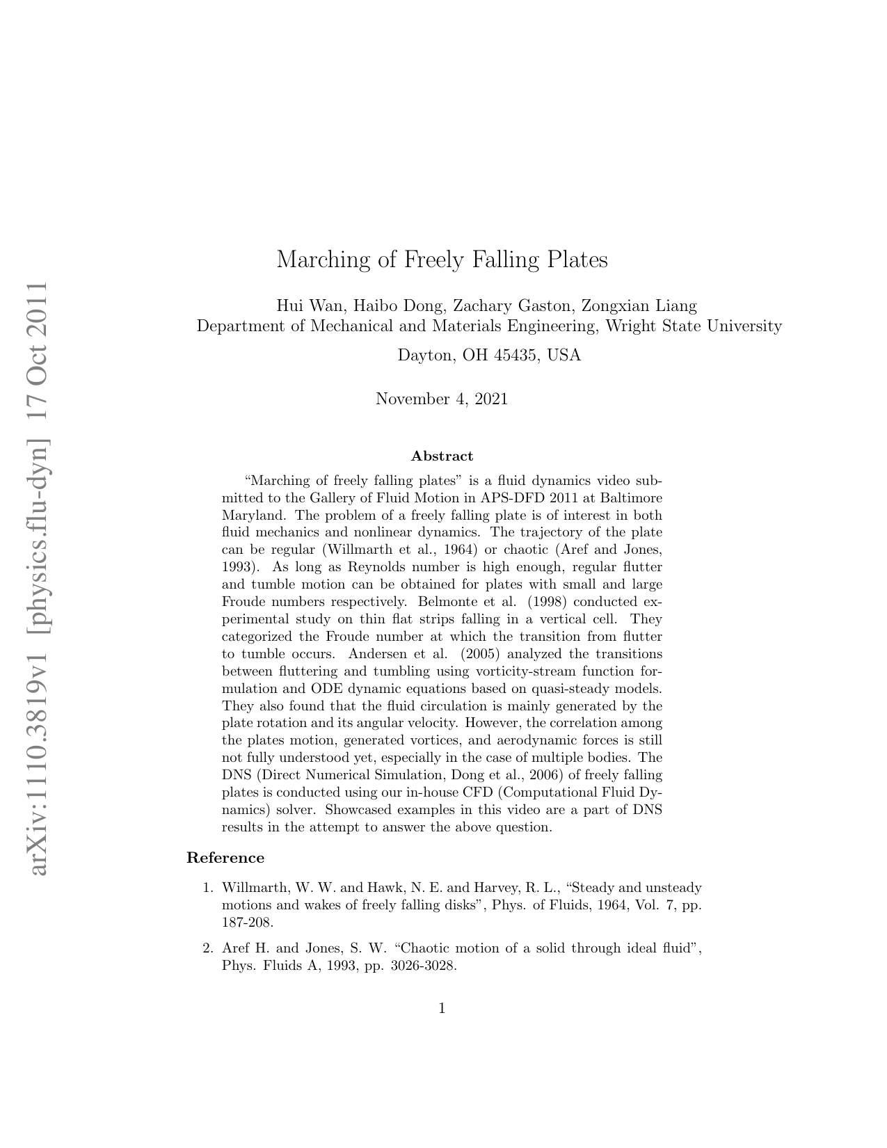 Marching of Freely Falling Plates