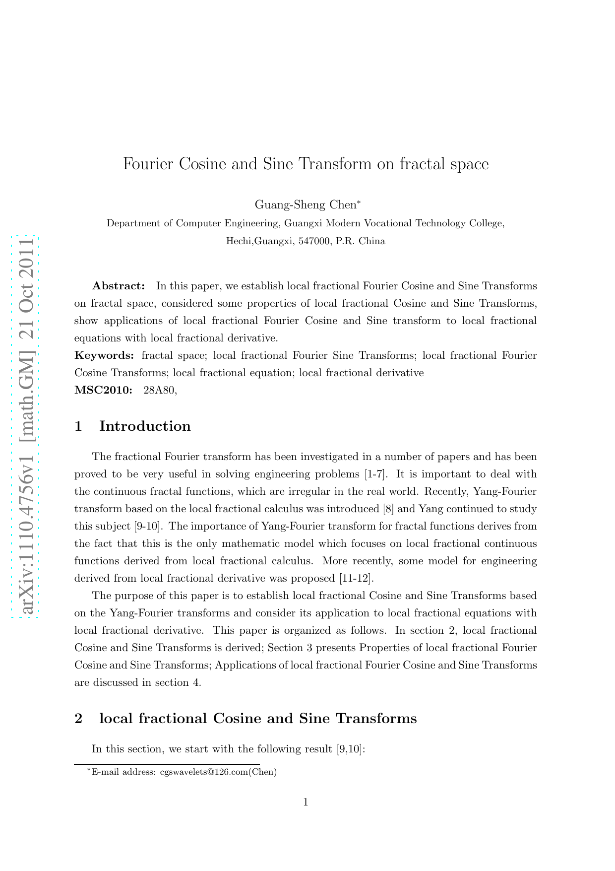 Fourier Cosine and Sine Transform on fractal space