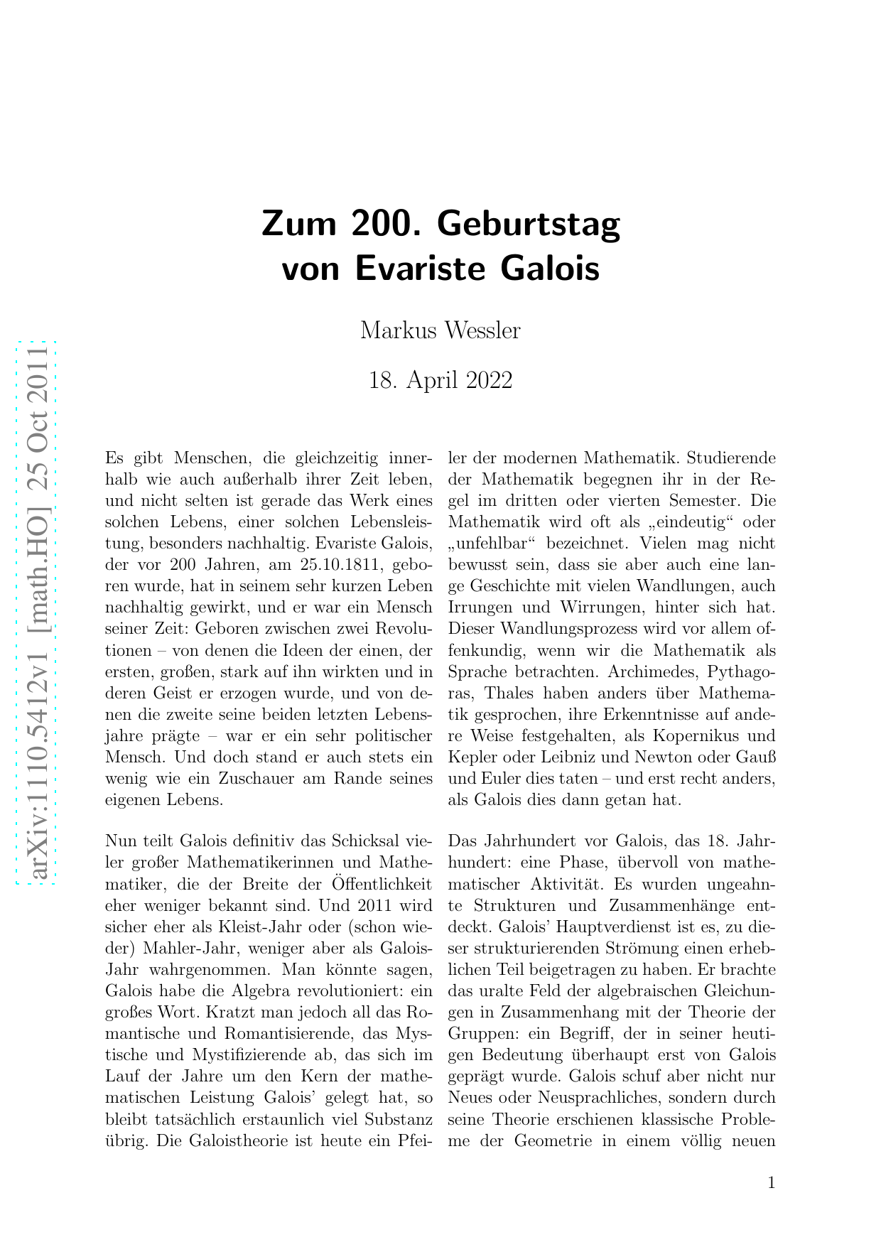 Zum 200. Geburtstag von Evariste Galois